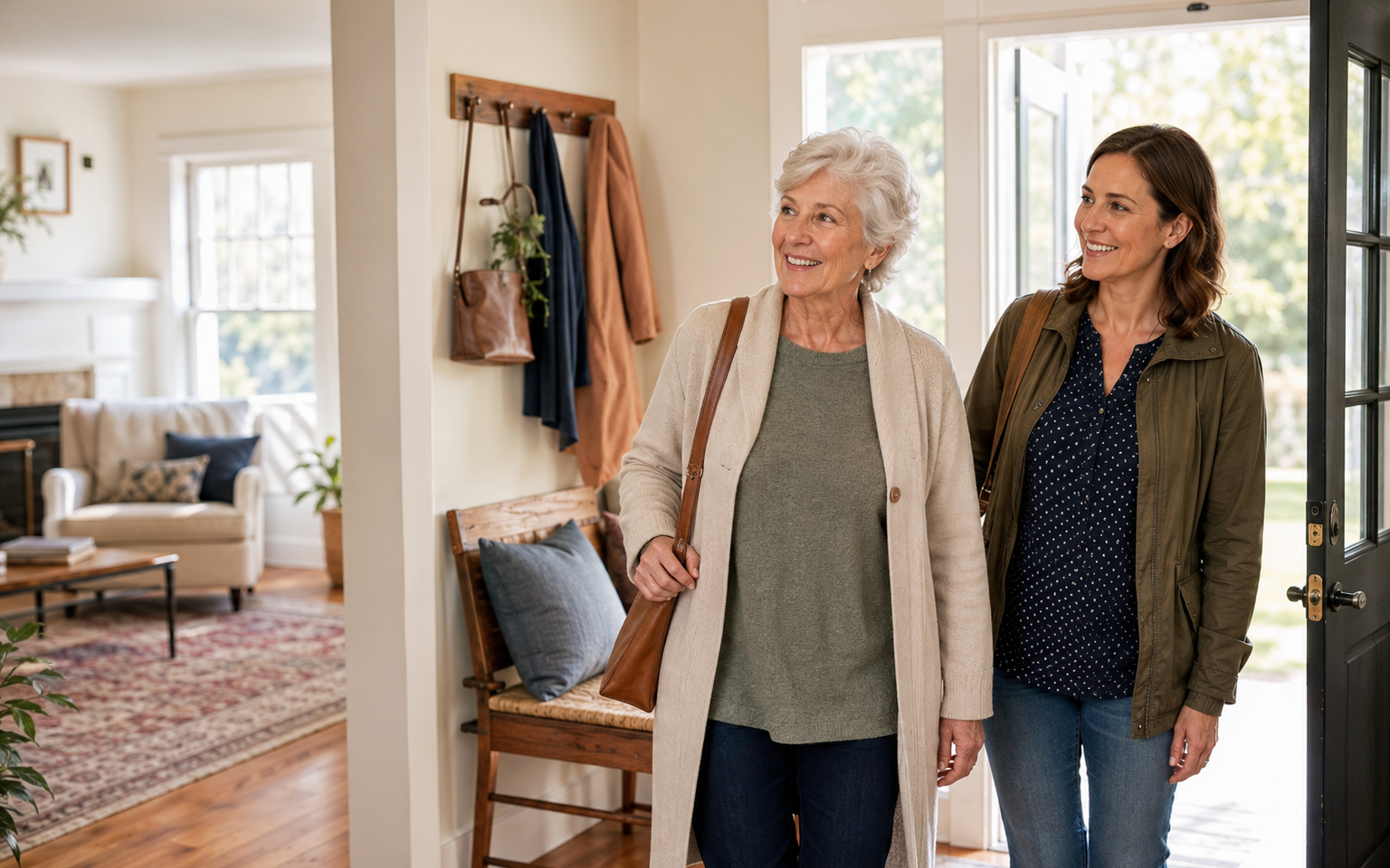 An older adult returning home with support from her daughter