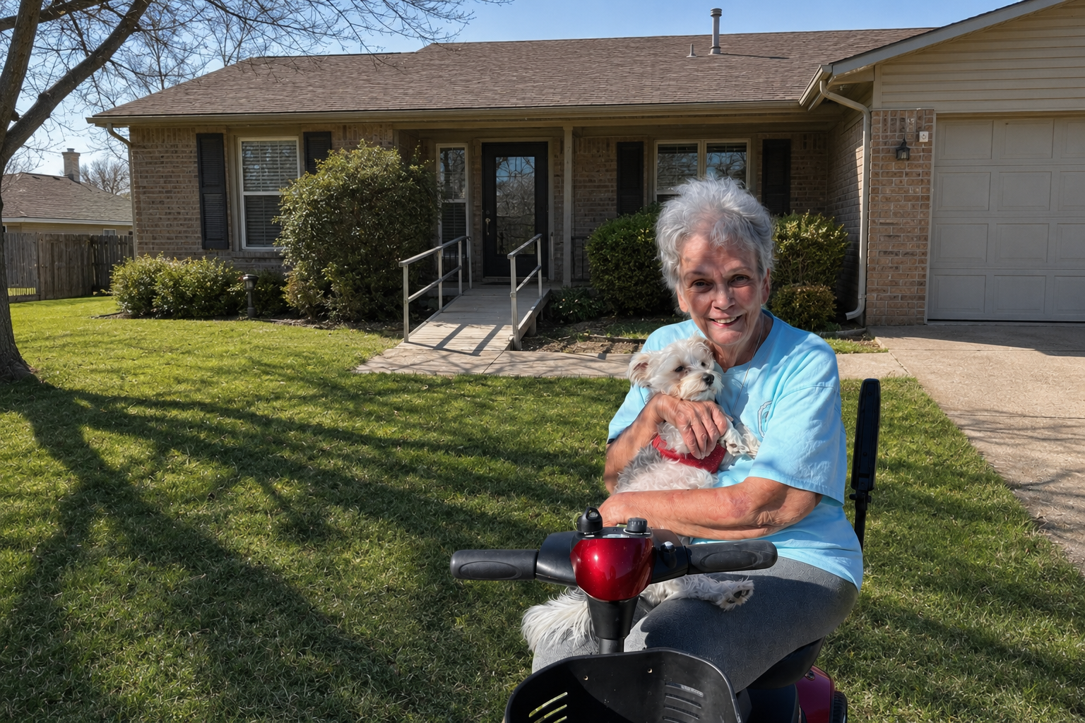 An older woman smiling with her dog on a mobility scooter outside her home